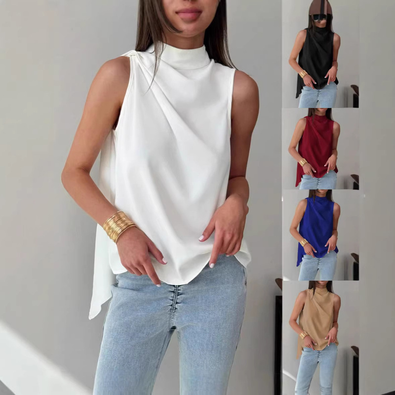 European and American Cross-Border Amazon Women's Fashion Sleeveless Solid Color High-Neck Ribbon Shirt Top European and American Cross-Border Amazon Women's Fashion Sleeveless Solid Color High-Neck Ribbon Shirt Top