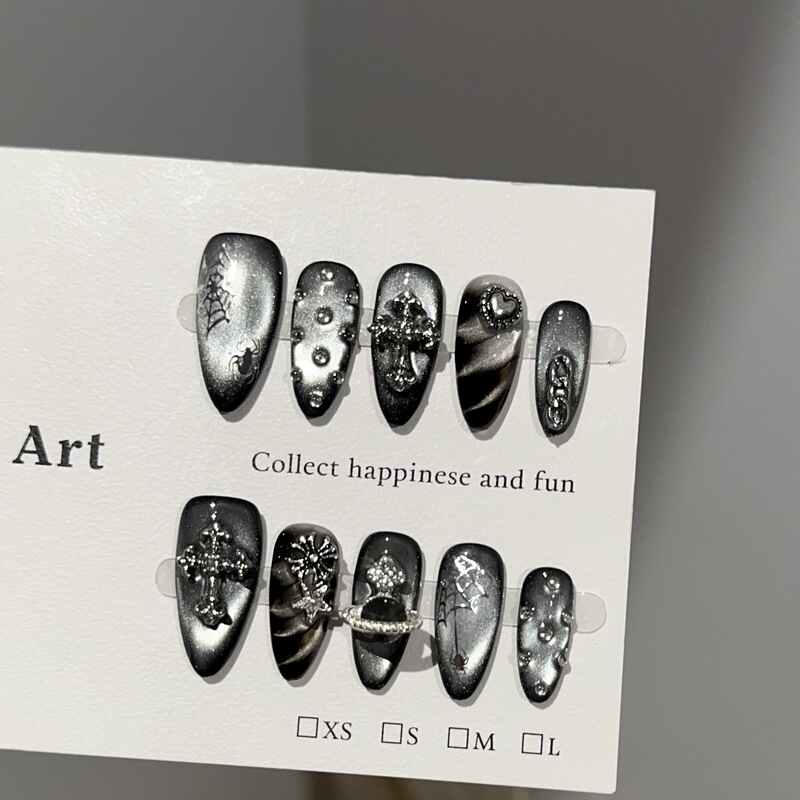 Purely Handmade Wearable Nails, High-End Dark Silver Cat-Eye High-End Nail Patches, European and American Punk Fake Nail Patches
