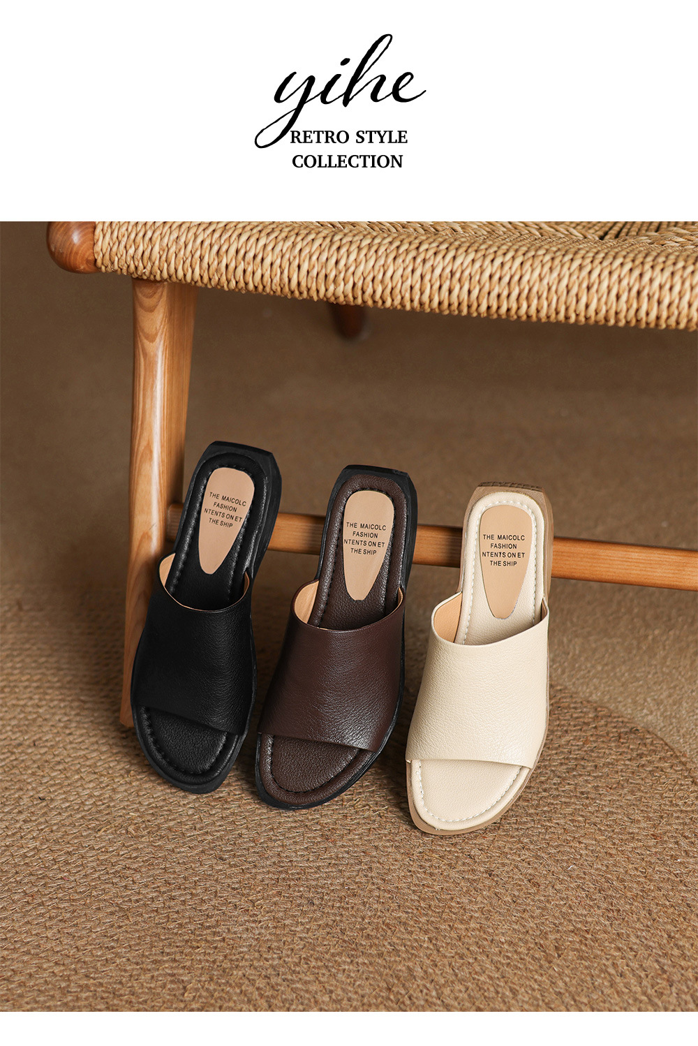 Sandal hở mũi nữ gót thấp da dê mũi vuông quai ngang — màu nâu chi tiết 16