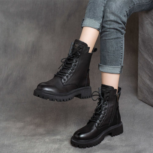 Women's Martin Boots  Autumn/Winter New Chunky Heel Medium Heel Short Boots Side Zip British Style Plush Motorbike Boots