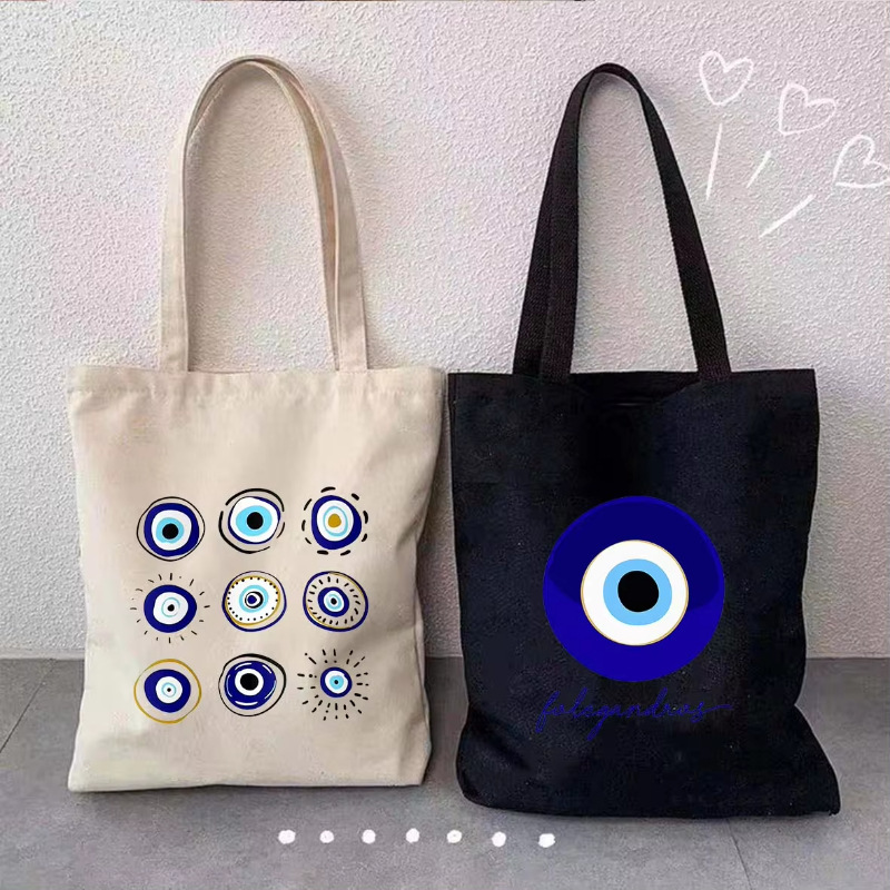 Psychedelic Evil Eyes Blue Green Yellow Pink Color Women Canvas Handbag Eco Shopper Shopping Bag