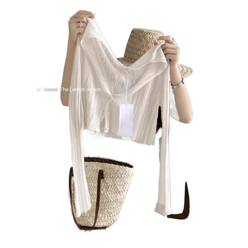 White Ice Silk Knit Sun Protection Cardigan for Women, Thin Model Outerwear Shawl, Summer Match with Strappy Dress, Outerwear with Small Covering Shirt