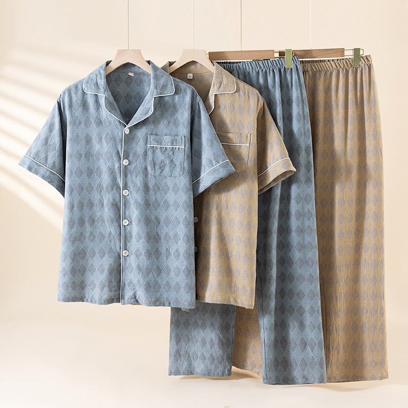 Men's Pure Cotton Jacquard Short-Sleeved Long Pants Pajamas, Thin Style for Summer, Large Size Loungewear Set for Teenagers