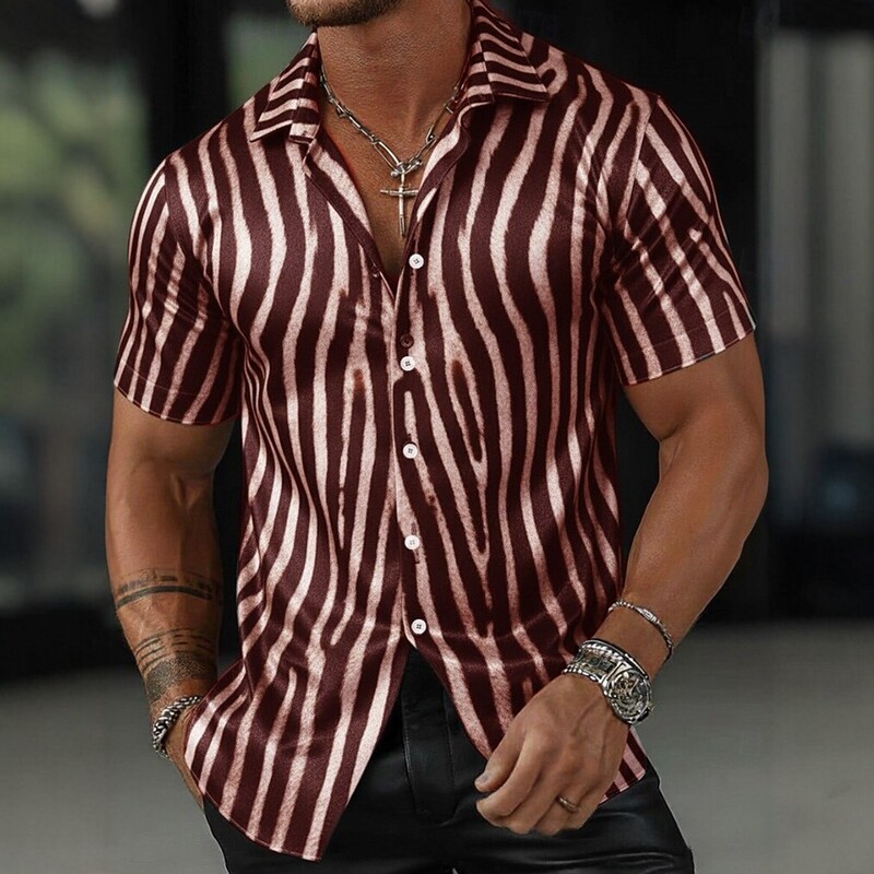 Simulated Zebra Print Satin Short-Sleeved Shirt, Men's Light Luxury Slim Fit Collared Shirt, Wholesale in Stock, Dropshipping Available