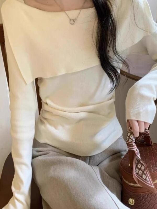 设计感一字肩翻领长袖针织衫女春秋内搭修身甜辣打底毛衣外穿上衣|undefined