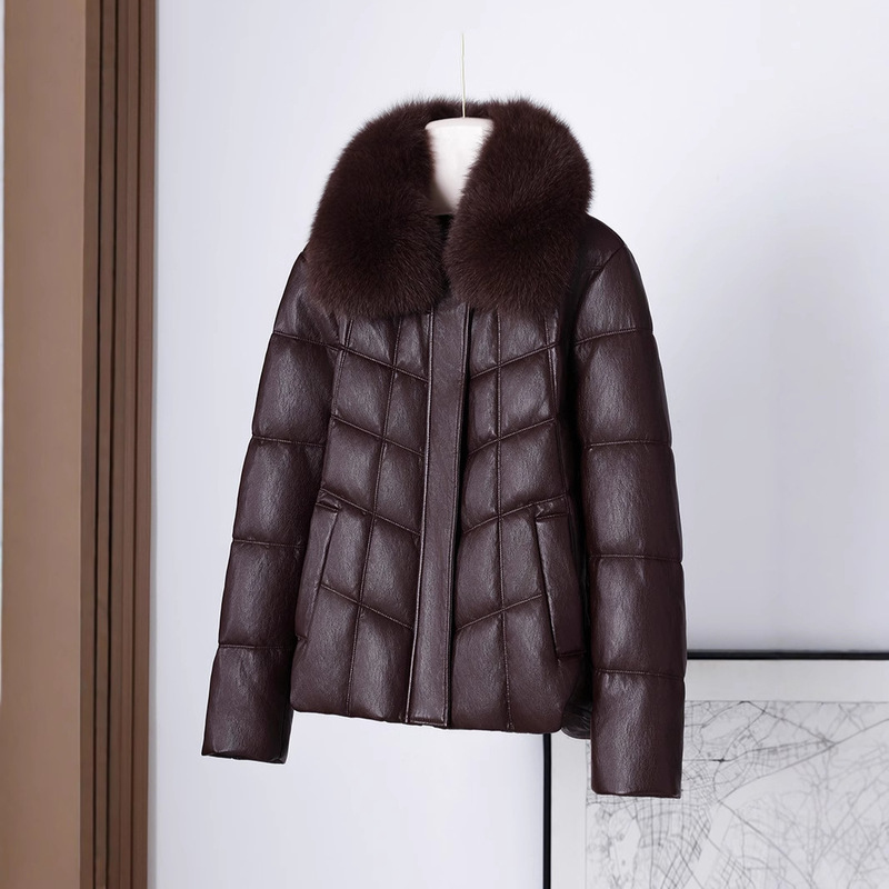 Brown Sheepskin down Jacket for Women 2025 New Genuine Leather White Duck down Fox Fur Collar Thickeneded Leather Short Fur