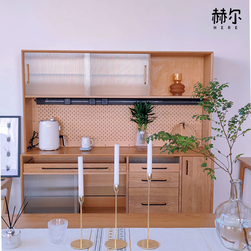 Nordic solid wood sideboard integrated wall wine cabinet cherry wood high cabinet small apartment Japanese style retro tea cabinet