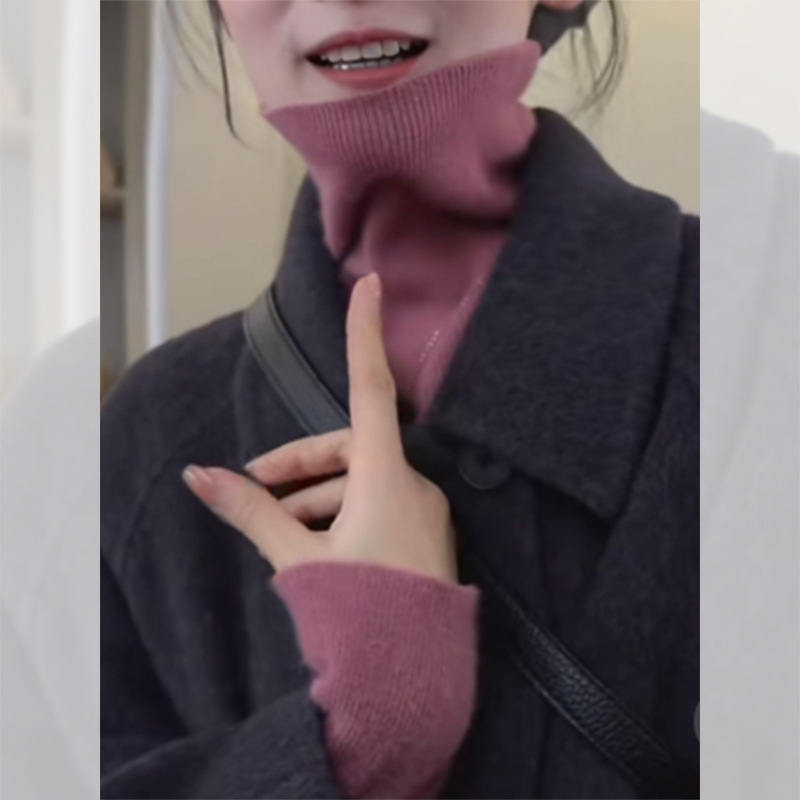 French-Style Pink Cashmere Turtleneck Long-Sleeve Knit Sweater for Women, Autumn and Winter Sweater, Slim-Fit Short Inner Layer Top