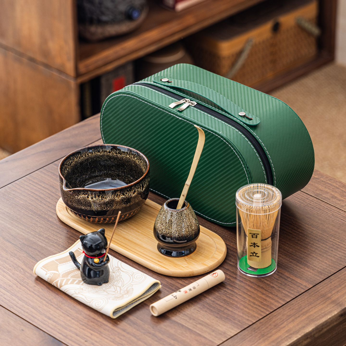 Cuenco de matcha corrugado caja de cuero set adorable gatito Xiangdao ocho piezas set punto té 100 tazas de té