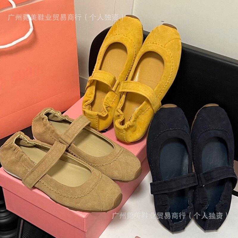25 New MIU Velcro Elaptic Ballet Shoes Leather Single Shoes Women's Shallow Mouth German Training Shoes Casual sneaker