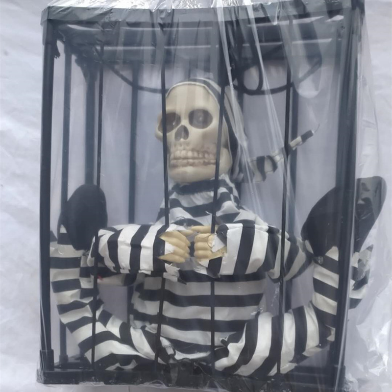 Fantasma colgante de prisionero muerto en jaula - Juguete de truco para casa embrujada de Halloween, luminoso y con sonido, accesorio de terror