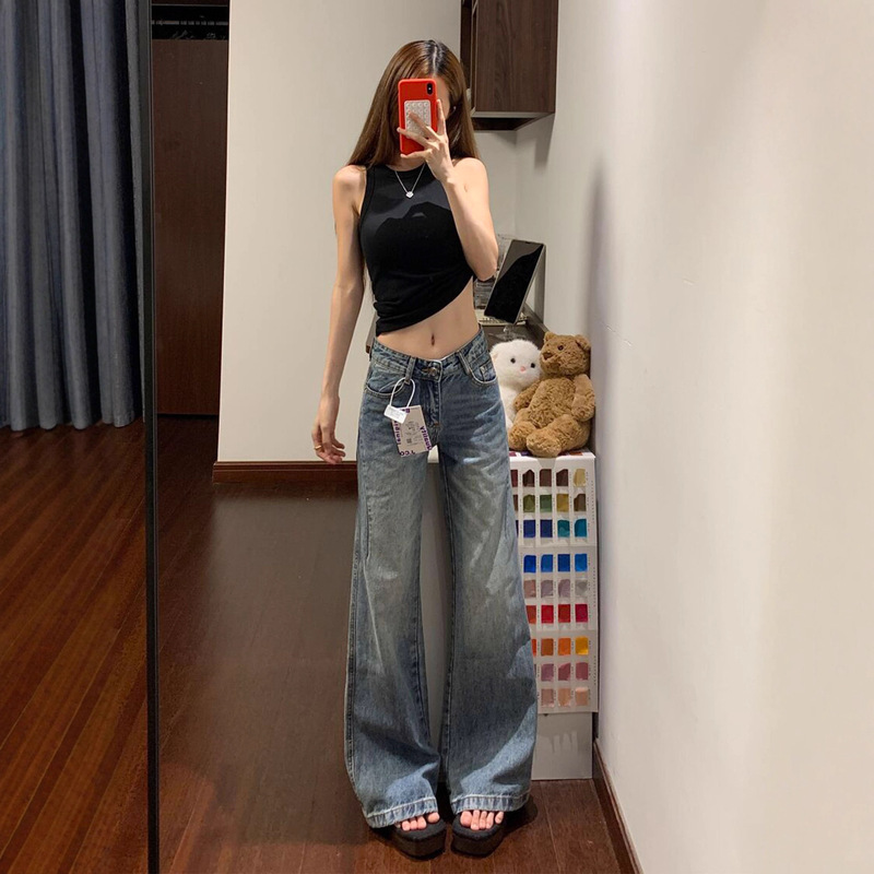 美式复古低腰微喇牛仔裤女2025新款设计感宽松显瘦直筒拖地喇叭裤|undefined