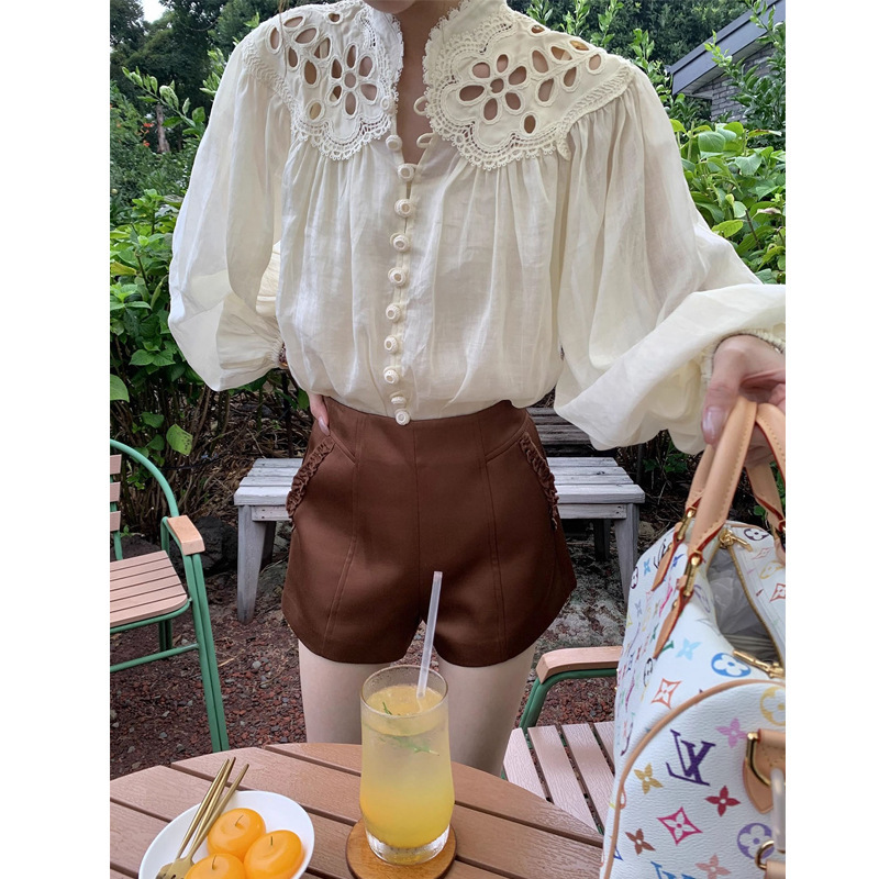 2025 New Autum Style 100 Ramie Cut Out Embroider High-Quality Cotton and Linen Long-Sleeved Shirt Tops Elegant Shirt Trendy