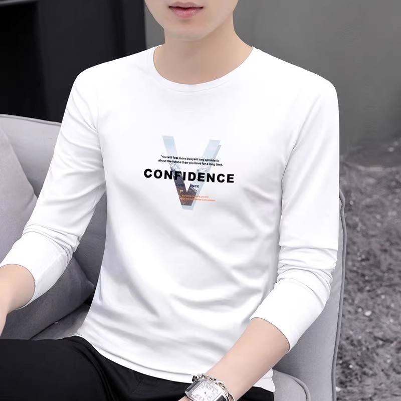 長袖t恤男秋季新款打底衫百搭休閒圓領秋衣潮流印花男裝一件代發