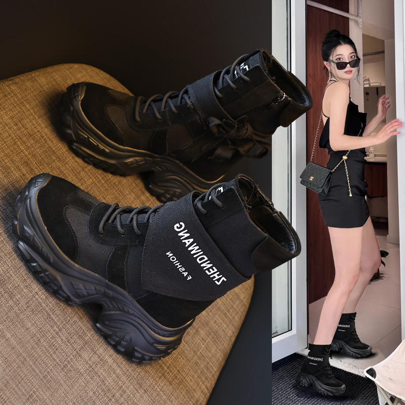 Giày boot nữ cổ ngắn đế xuồng da thật phong cách martin thon gọn — màu đen