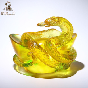 Zibo Glazed Gold Ingot Wealth-Attracting Craft Ornament Crystal Zodiac Snake Mascot Snake Gift High-End and Elegant