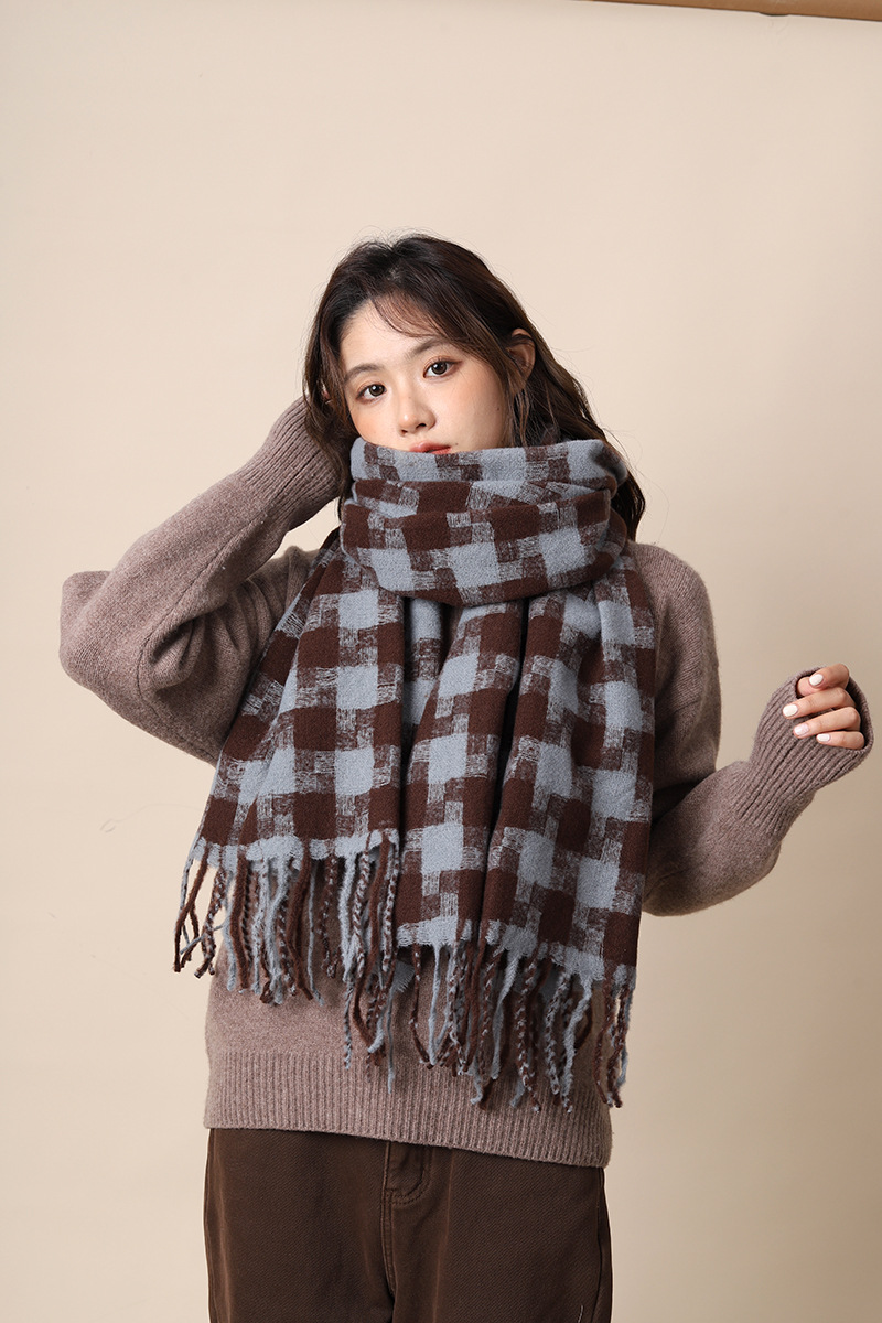 Sciarpa a quadri da donna autunno inverno sensazione avanzata spessa e calda collo frangia versatile studente moda INS_voghion.com