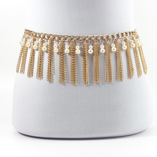 New Fashion Personalized Pearl Long Gold Metal Tassel Waist Chain Body Chain Clothing Accessories