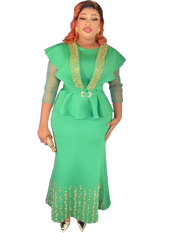 Special supply African-style waist top with long overskirt nail beads drilling solid color European and American plus size dress