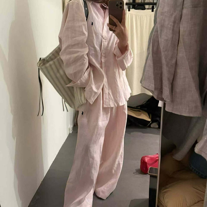 New Rl Ralph Korean-Style Cotton and Linen Set with Classic Pony Embroidery, Casual and Relaxed Style Long-Sleeve Shirt Paired with Long Pants