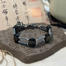 S925银五条经文管六字真言尾吊莲花扣旦形金曜石手链