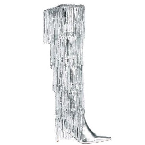 Foreign Trade Cross-border Hot Show Autumn and Winter Women's Boots Flash Sequins Tassel Pointed High-heeled Knee-high Tassel Boots