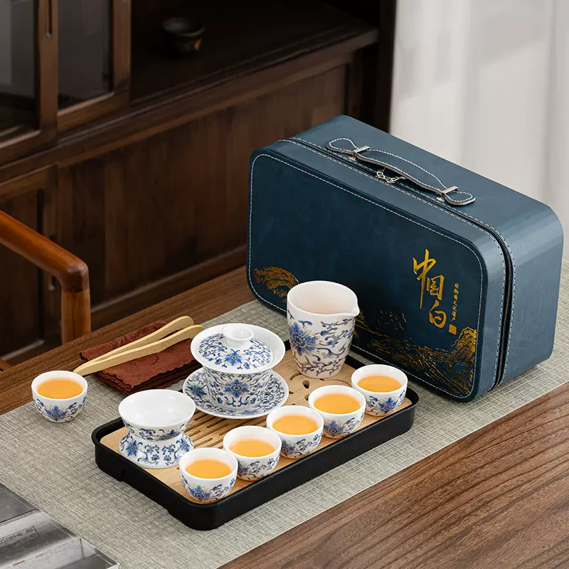 德化羊脂玉青花功夫茶具白瓷缠枝莲套装家用简约皮包会客企业定印