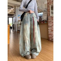 高个子加长美式复古脏染做旧解构弯刀牛仔裤女秋季宽松阔腿拖地裤