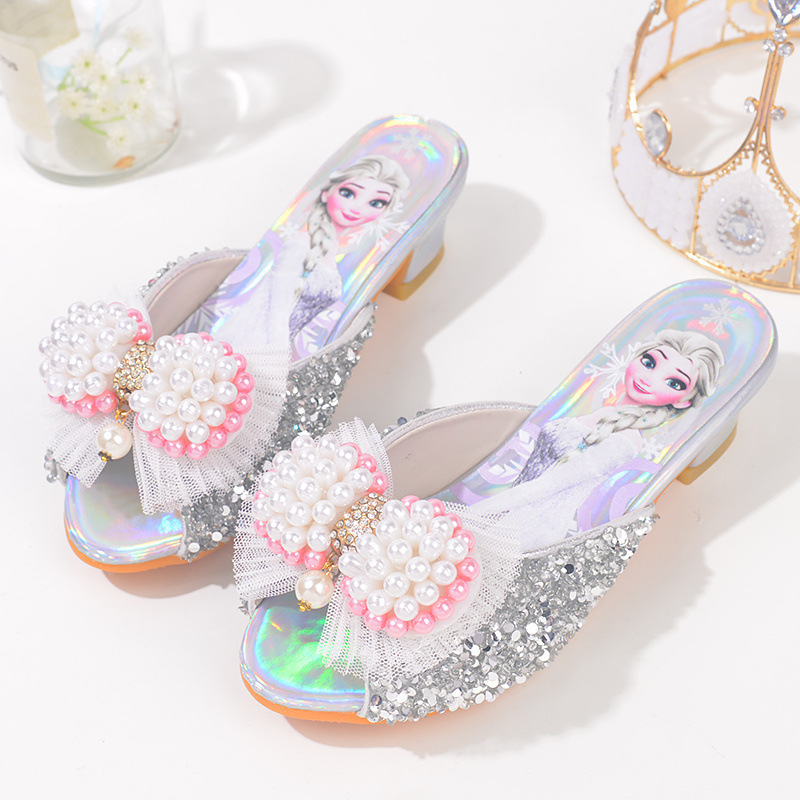 Girls' Summer Slippers with Elsa Crystal Soft Soles, Princess High Heels for Little Girls, Elsa Children's Sandals with Glitter