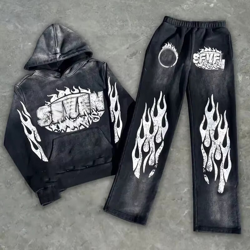 Unisex Acid Wash Distressed Full Face Hoodie Sweatpants Set Printed Embroidered Knitted [3D Printing]