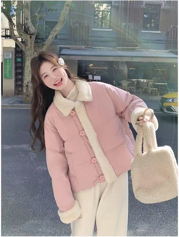 韩系奶蓝色羊羔毛拼接短款棉服女冬加厚保暖棉衣宽松显瘦外套上衣|undefined