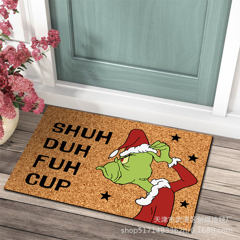 En stock Grinch alfombra del piso transfronterizo alfombra de Navidad alfombra de puerta de vacaciones verde payaso alfombra del piso
