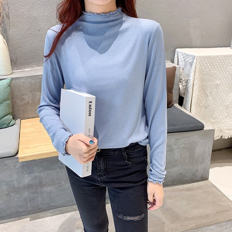 Autumn and Winter New Lace Half-high Collar Long-sleeved Pullover Top Loose Solid Color Base Shirt Elegant Commuter T-shirt for Women Autumn and Winter New Lace Half-high Collar Long-sleeved Pullover Top Loose Solid Color Base Shirt Elegant Commuter T-shirt for Women