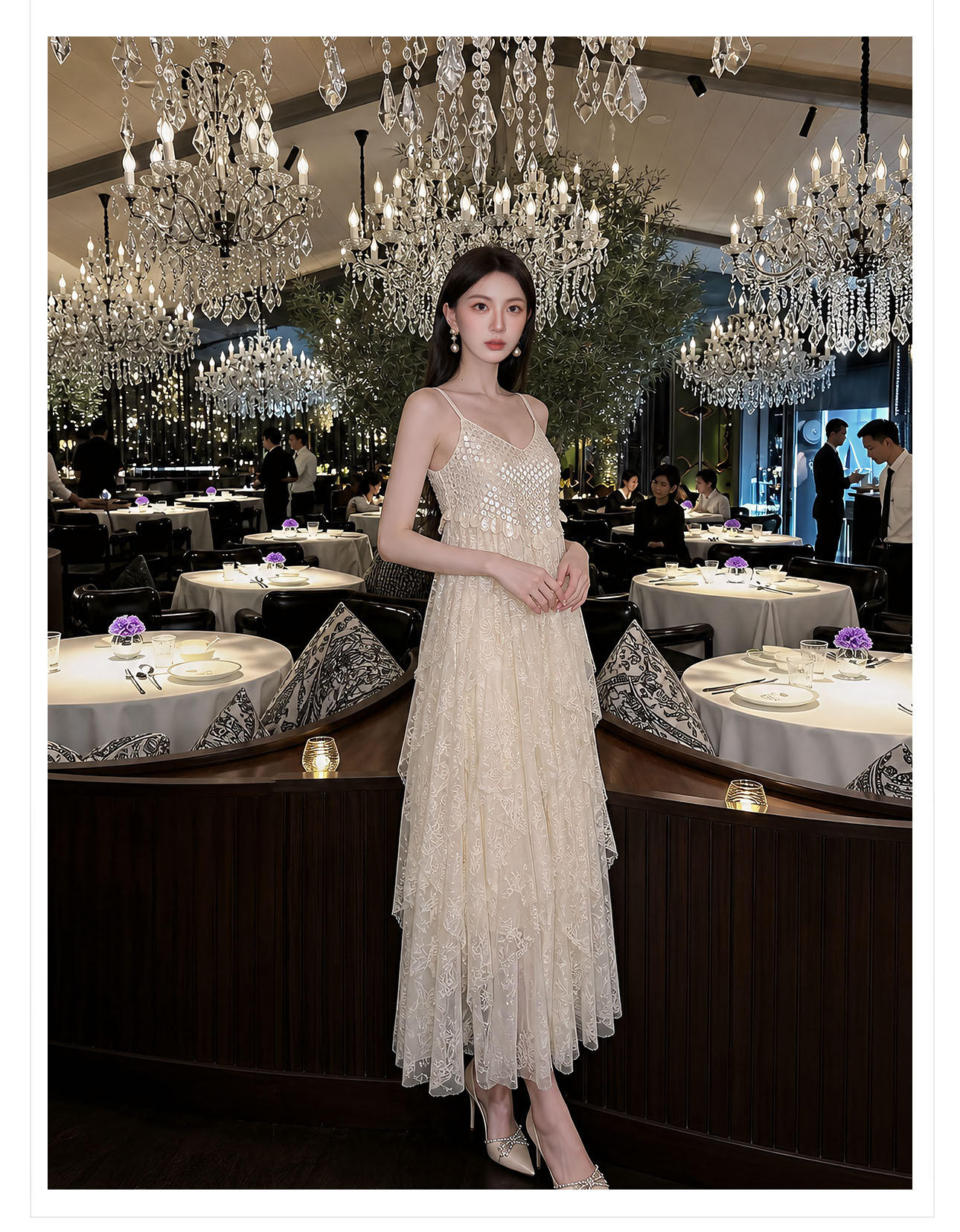 Đầm maxi nữ thắt eo thiết kế tân cổ điển ren xếp tầng đính hạt — màu trắng ngà chi tiết 8