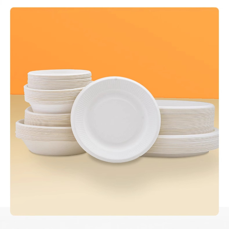 Tazón de papel desechable al por mayor caja de embalaje para llevar pulpa de caña de azúcar pulpa degradable vajilla hogar plato de tazón de barbacoa al aire libre