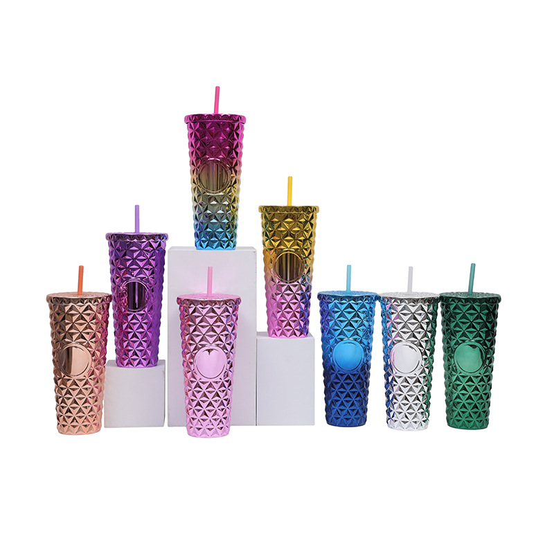 Venta caliente transfronteriza suministro directo de fábrica taza de cristal de galvanoplastia de doble capa taza de paja de plástico de doble capa 24oz taza de agua de gran capacidad