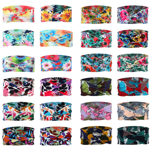 Amazon Cross-border European and American knotted crossover elastic headband with cotton print for sports and yoga, can print patterns