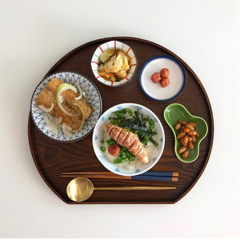 木质日式托盘家用托盘餐具套装一人食不规则圆形托盘早餐盘|undefined