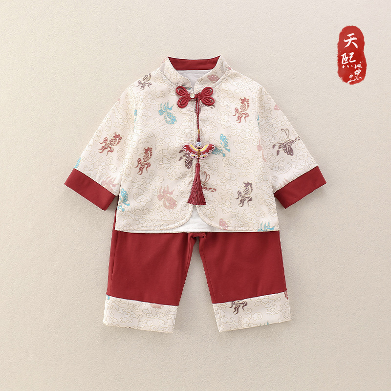 婴幼儿新中式分体套装春秋款宝宝百天抓周生日礼服中国风汉服爬服|undefined