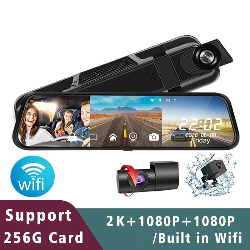 10inch Rearview Mirror Dashcam with Three Lenses, Simultaneous Recording, 2K Hd with Reverse Image, Mobile Wifi