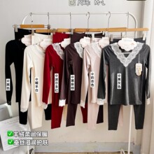 枫芝欣6656暖羊毛蚕丝V领蕾丝拼接秋衣秋裤保暖套装内搭秋纯欲女