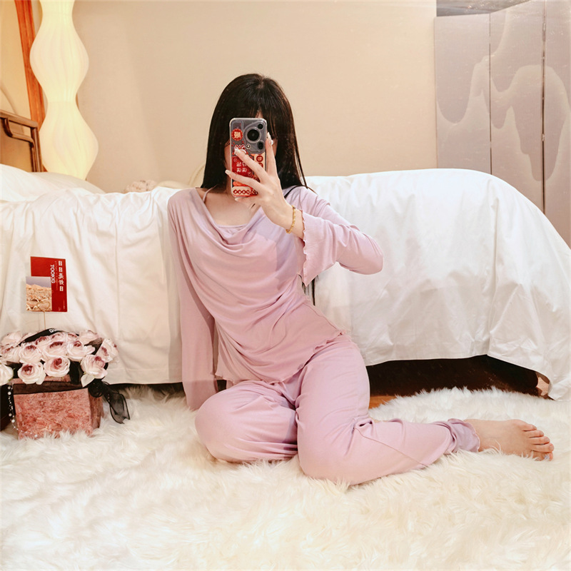 New Spring, Autumn, and Winter Modal Pajamas for Women, Pure Desire Style, Flared Collar, Chest Pad, Slightly Flared Long Sleeves, Two-Piece Loungewear Set New Spring, Autumn, and Winter Modal Pajamas for Women, Pure Desire Style, Flared Collar, Chest Pad, Slightly Flared Long Sleeves, Two-Piece Loungewear Set