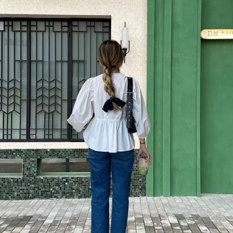 开衫薄款女春夏款欧美风女装法式小众时尚修身百搭系带泡泡袖上衣|undefined