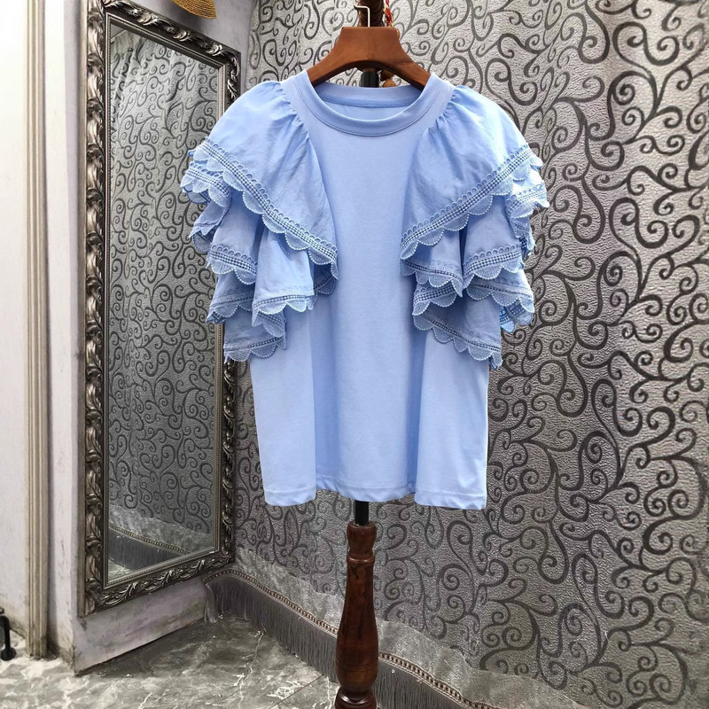 2023 Summer New European Women's Clothing Embroidered Lace Level Ruffle Sleeve Cotton Pullover T-Shirt Top