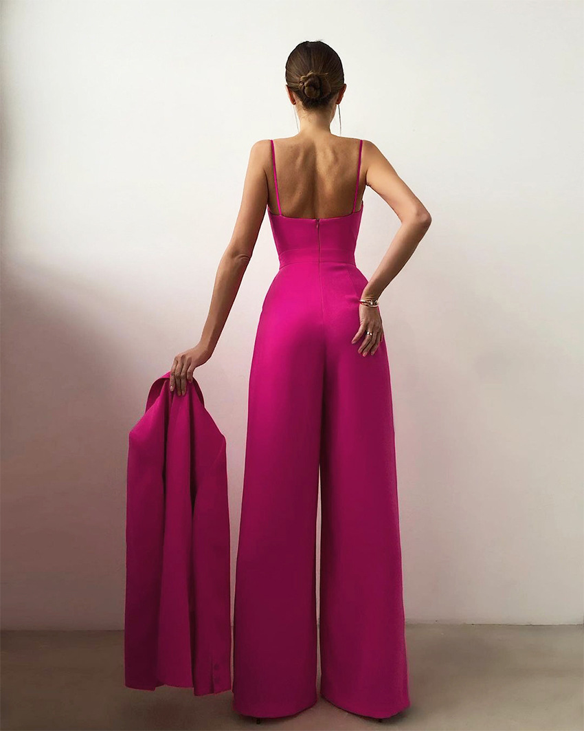 suspender v neck backless wide-leg solid color jumpsuit NSSQS124777