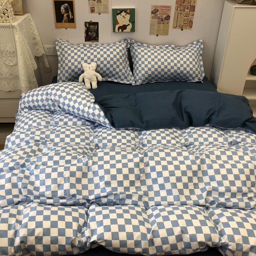 5YA1 retro checkerboard washed cotton brushed four-piece set for spring and autumn naked sleeping student dormitory quilt cover sheets for bed