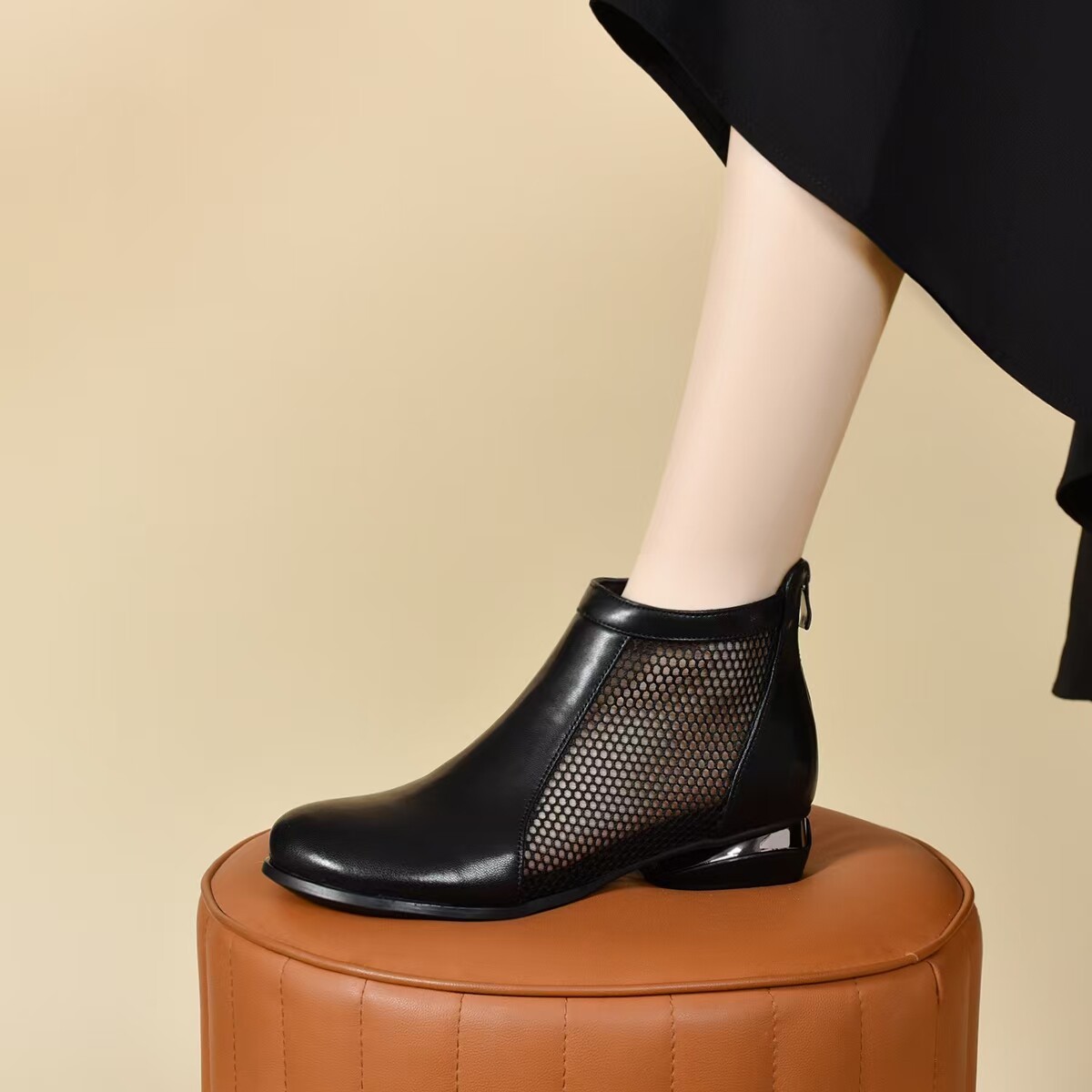 Sandal nữ mũi tròn lưới da thật gót thô đế mềm thoáng khí — màu nâu