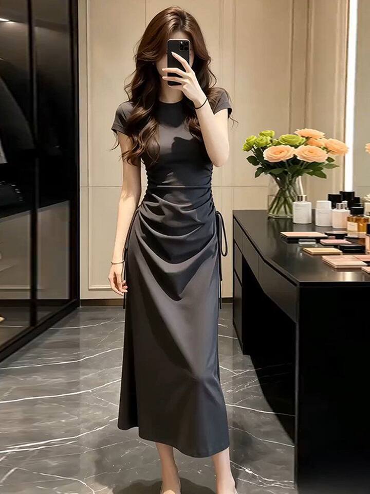 Đầm liền thân tay ngắn cổ polo dáng chữ A chiết eo tôn dáng — Xám đậm [Phiên bản nâng cấp cao cấp], Đen [Phiên bản nâng cấp cao cấp] chi tiết 19