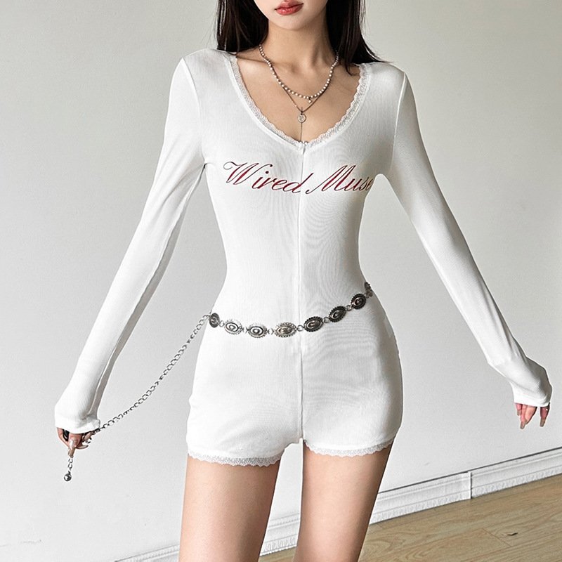 Lace Printed Slim Stretch Yoga Pants Fitness Wear Slim Sexy Long-Sleeved T-Shirt Women's Jumpsuit Autum