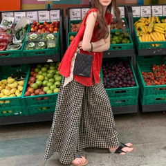 ロンドン書店オールドドリームピュアコットンチェック柄パンツ多用途怠惰なワイドレッグパンツ弾性ウエストルーズパンツ